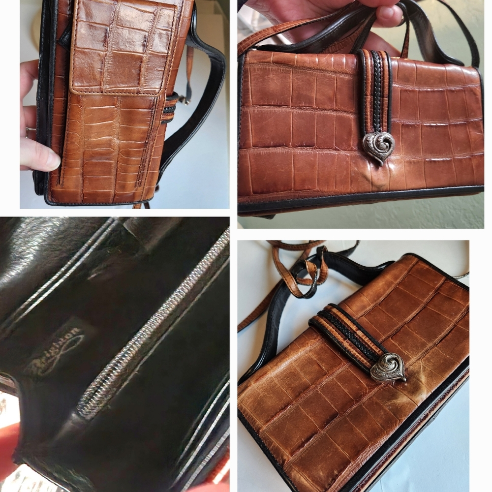 Brighton Vtg  Brown/Black Crock/Leather Crossbody Purse/Wristlet Detach Strap